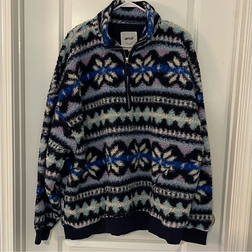 Aerie Women’s Quarter Zip Up Sweater - Blue pattern